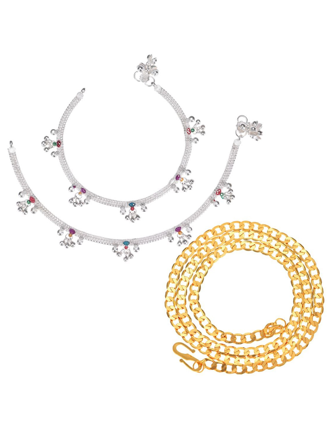 AanyaCentric Gold-Plated Chain & Silver-Plated Anklets Jewellery Set