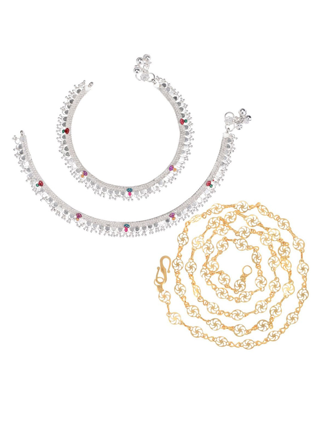 AanyaCentric Gold-plated Chain & Silver-Plated Anklets Jewellery Set