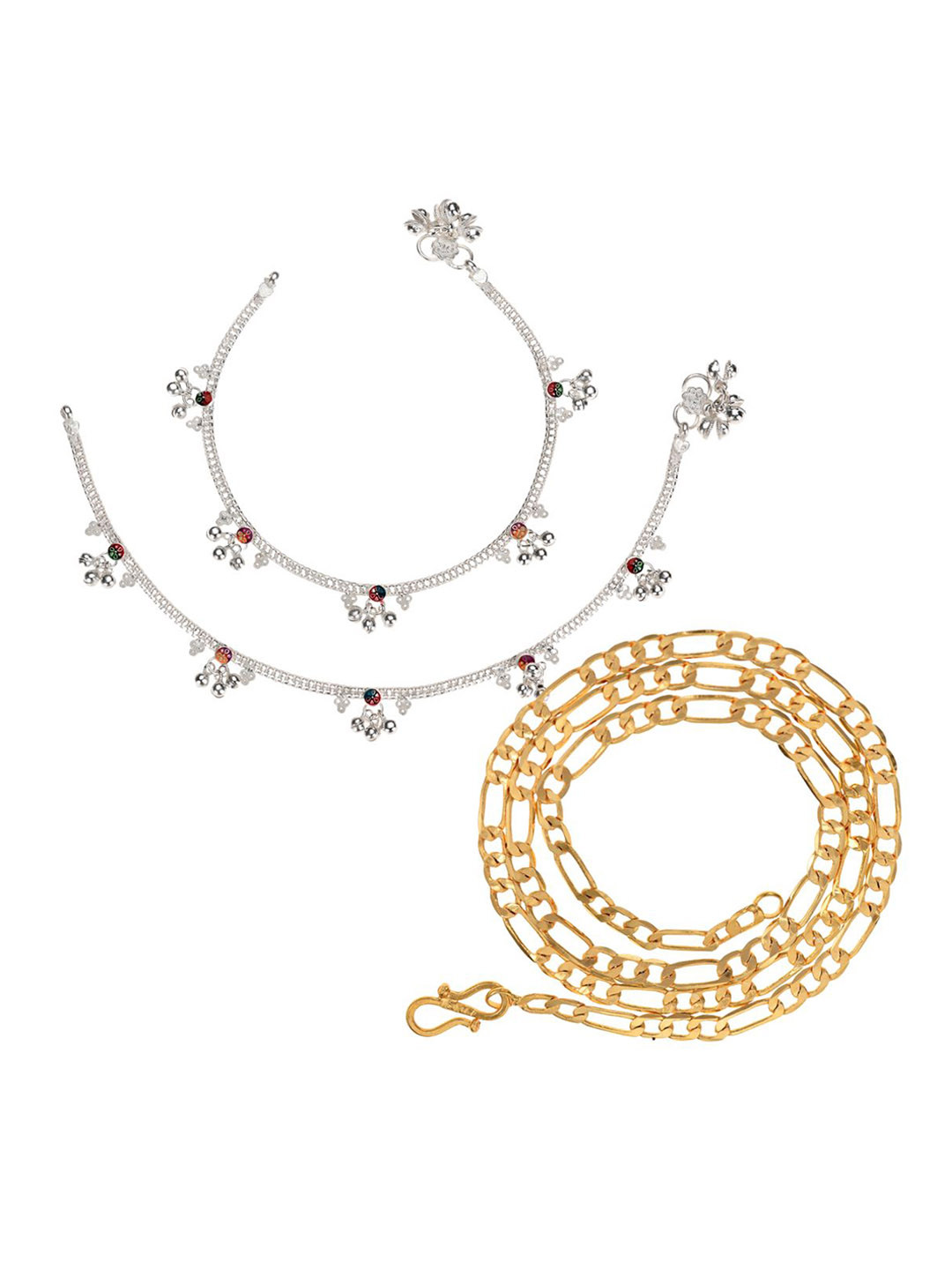 AanyaCentric Gold-Plated Figaro Chain With Silver-Plated Enamelled Anklets Jewellery Set