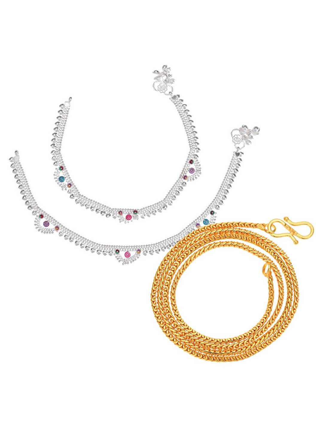 AanyaCentric Silver-Plated Beaded Anklets With Gold-Plated Chain Jewellery Set