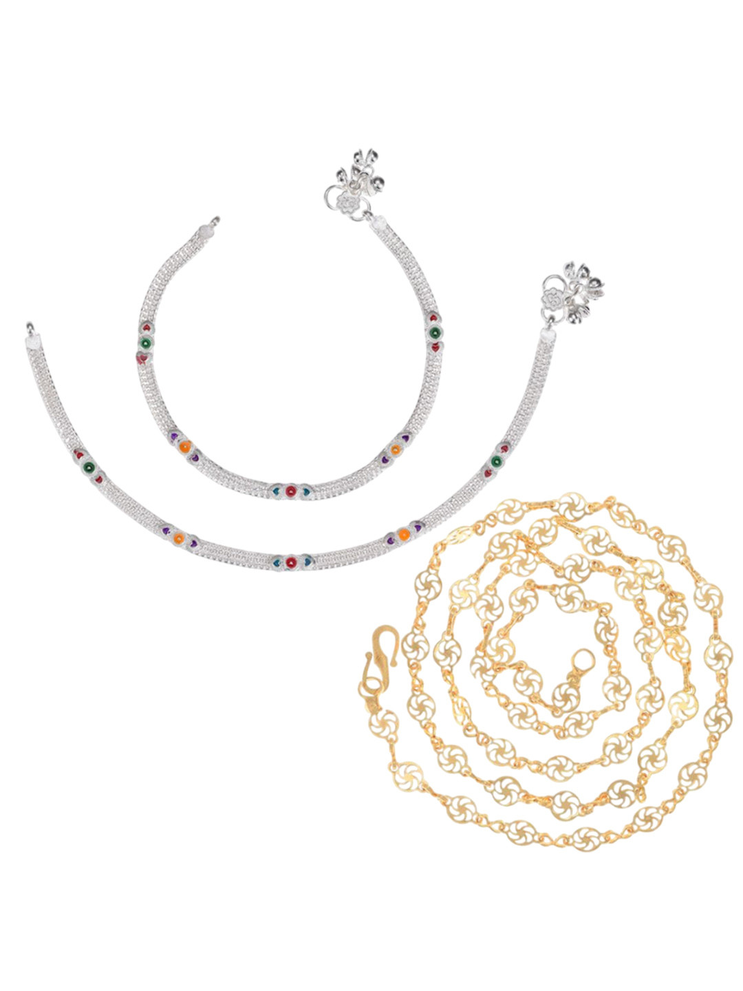 AanyaCentric Silver-Plated Beaded Anklets With Gold-Plated Chain Jewellery Set
