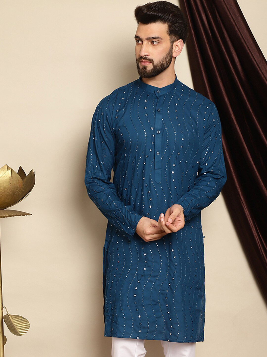 Anouk Teal Blue Geometric Embroidered Mirror Work Band Collar Straight Pure Cotton Kurta