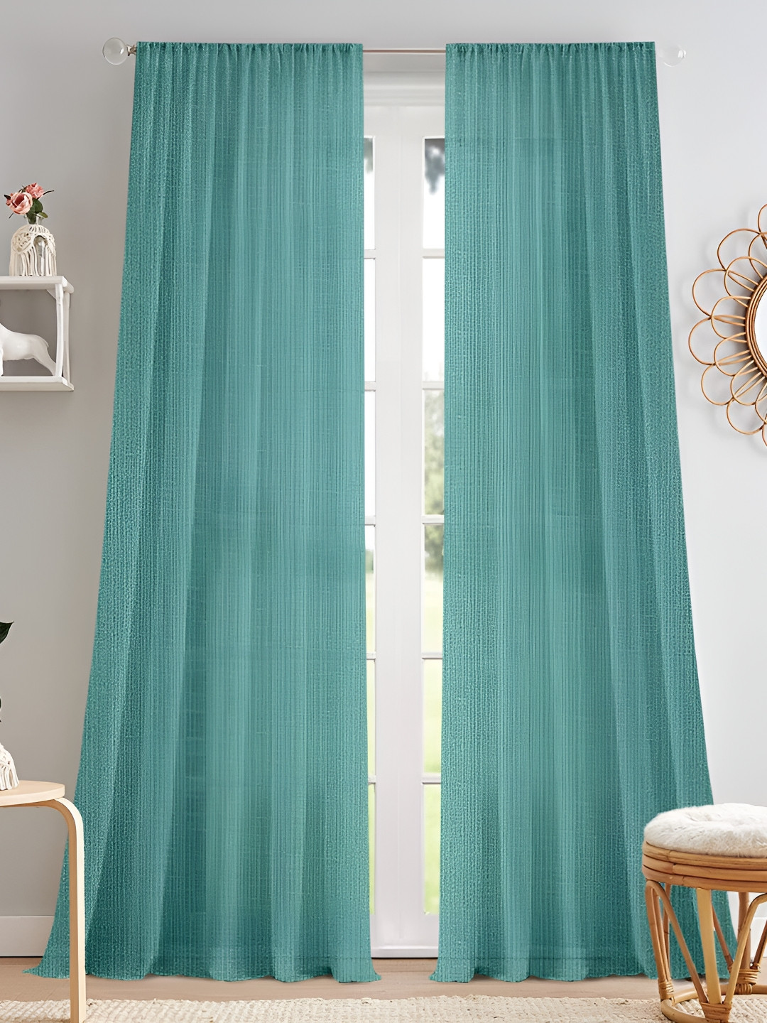 Cortina Teal Blue 2 Pieces Rod Pocket Sheer Long Door Curtain