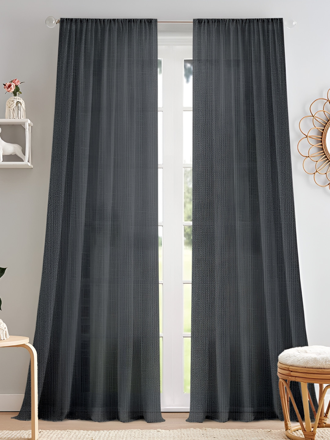 Cortina Black 2 Pieces Sheer Rod Pocket Door Curtain