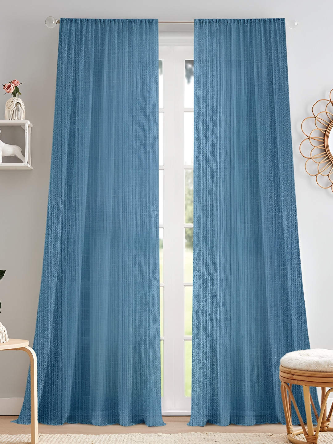 Cortina Blue 2 Pieces Rod Pocket Sheer Long Door Curtain