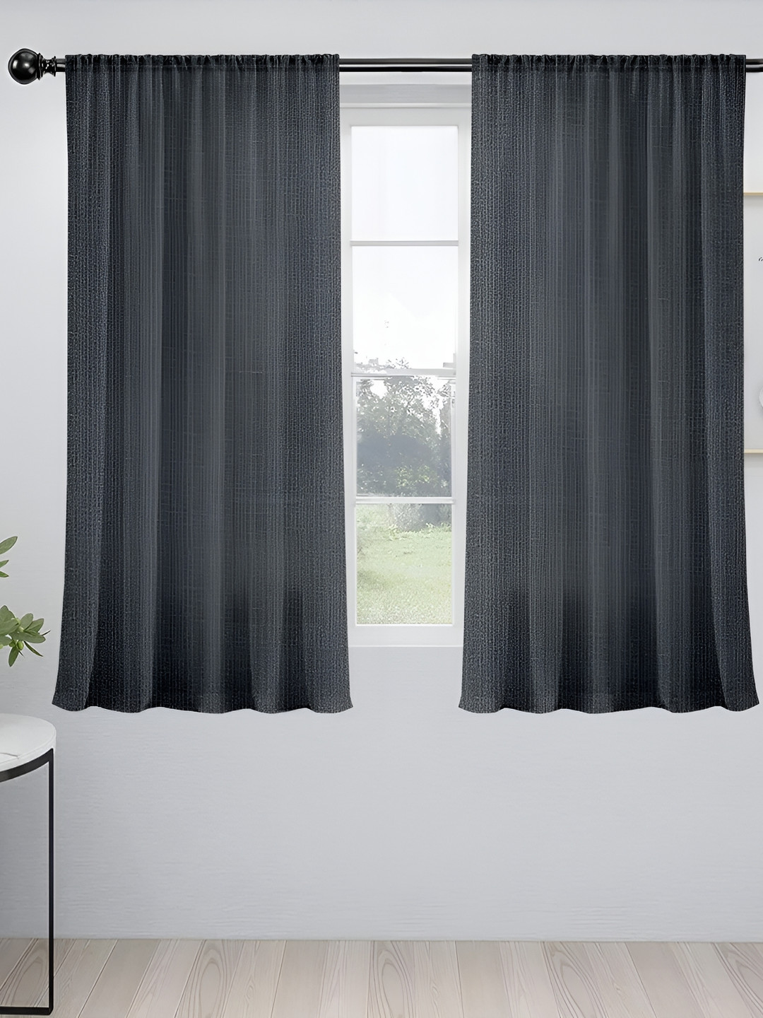Cortina Black 2 Pieces Rod Pocket Sheer Window Curtain