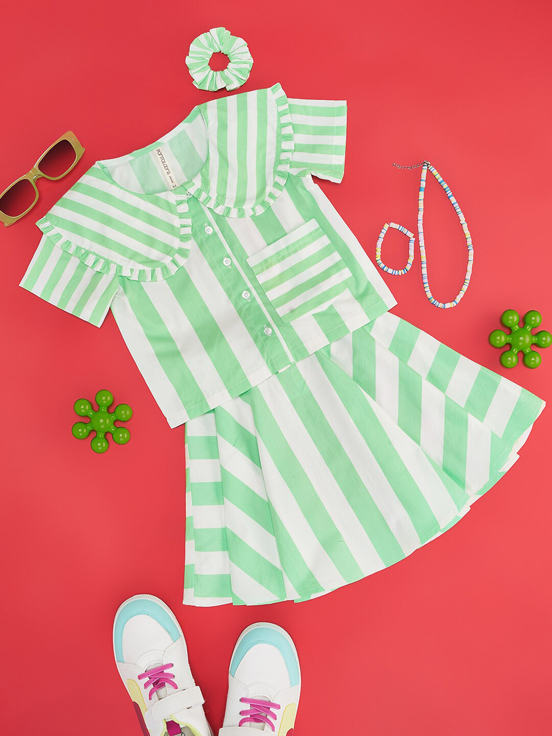 Pantaloons Junior Girls Striped Keyboard Collar Pure Cotton Shirt with Skirt