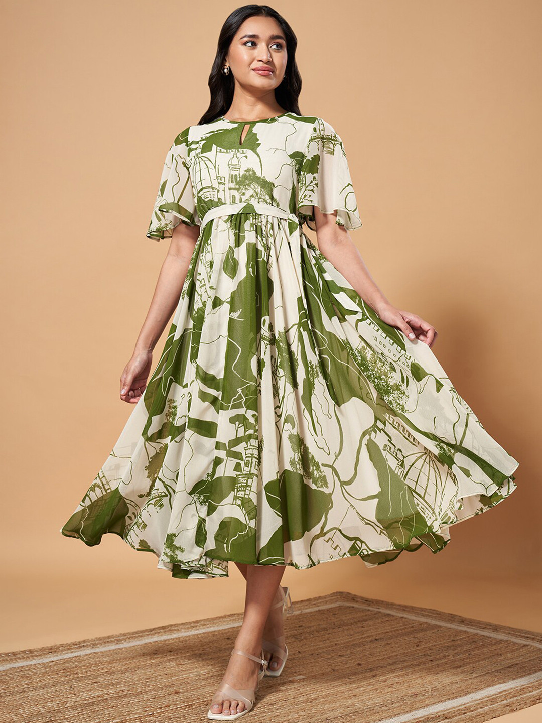 Marigold Lane Abstract Printed Keyhole Neck Fit And Flare Midi Dress