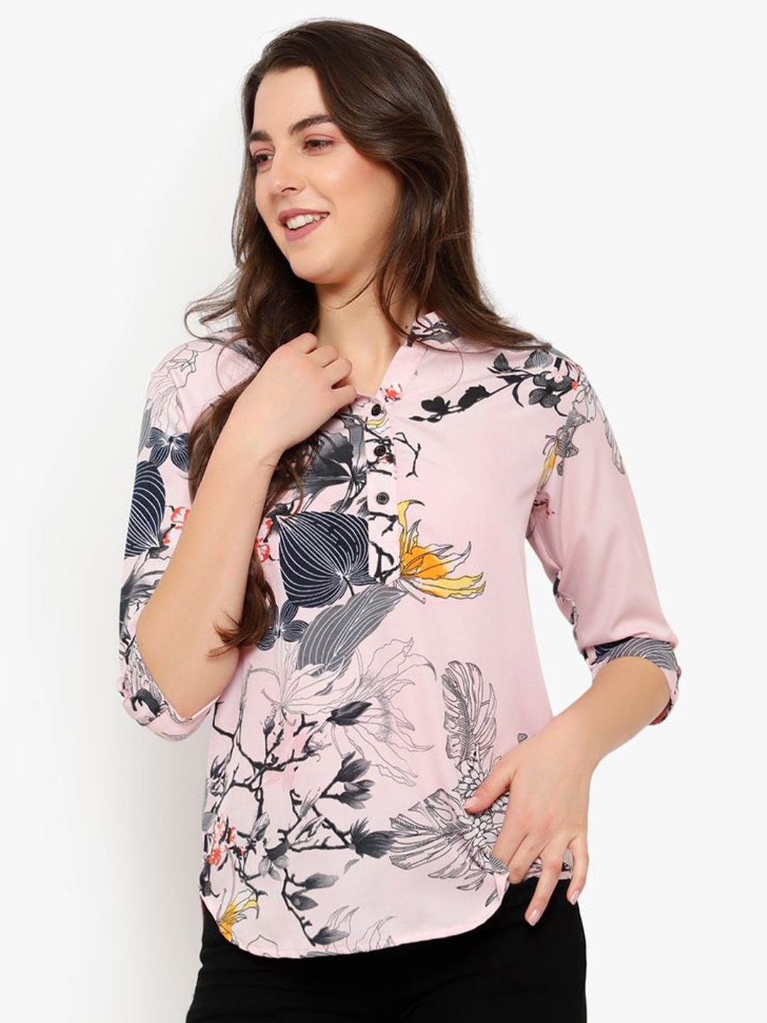 Indietoga Floral Print Casual Crepe Longline Tunic Tops