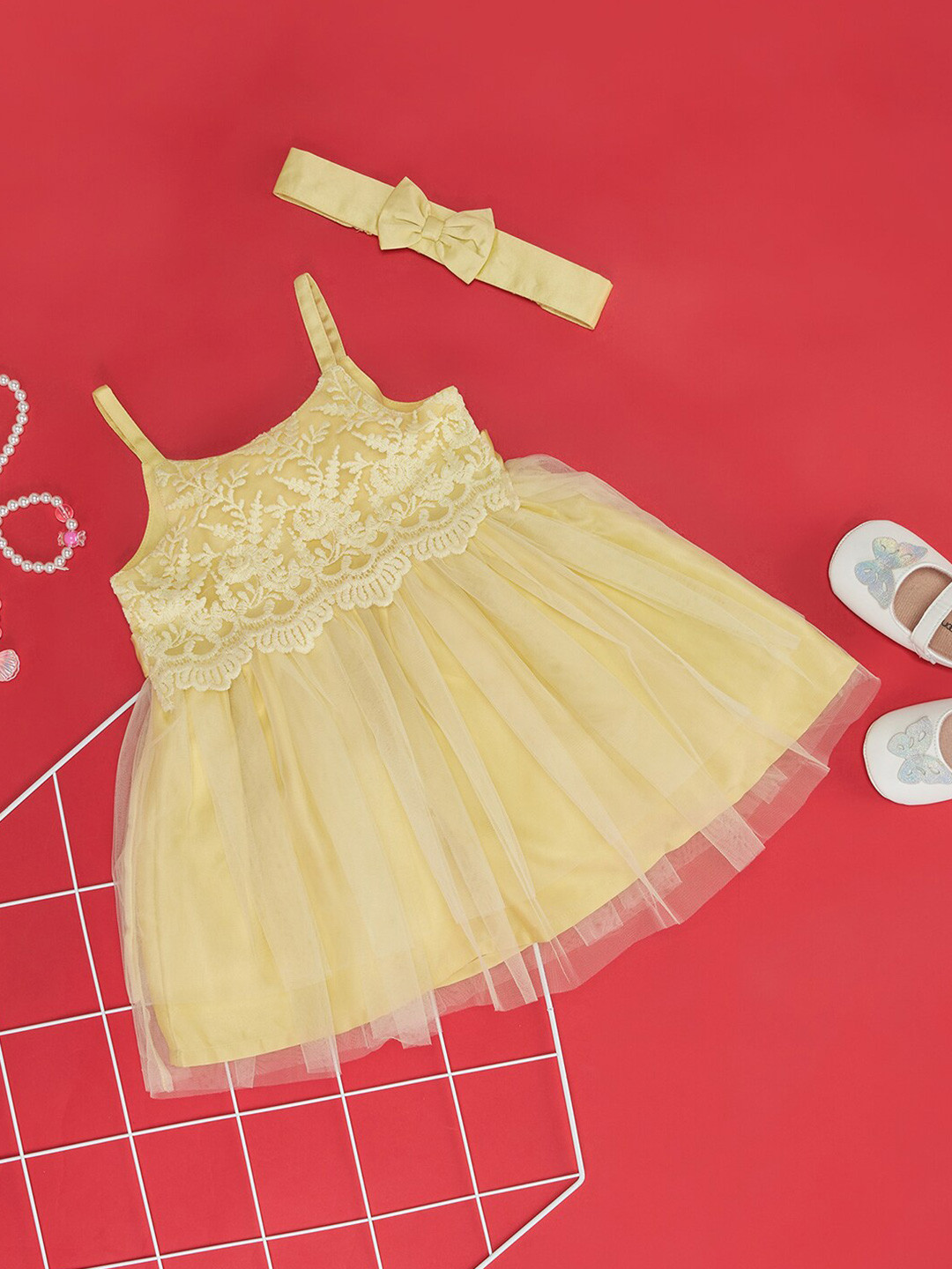 Pantaloons Baby Kids-Girls Self Design Shoulder Straps Lace Inserts Fit & Flare Dress