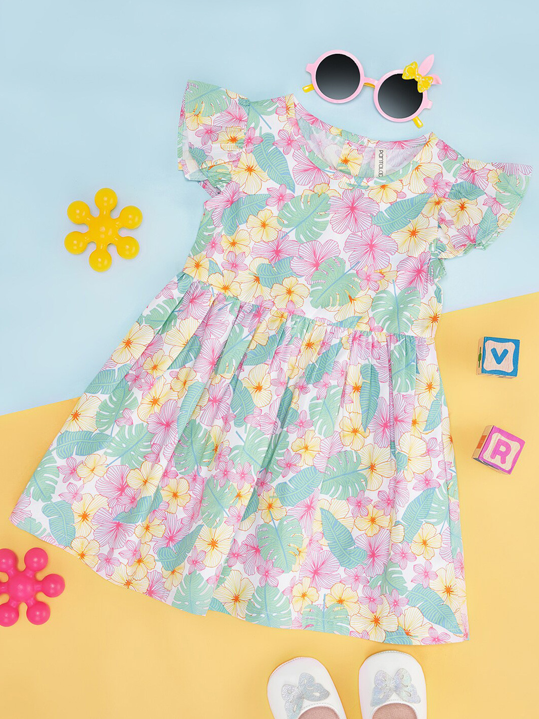Pantaloons Baby Kids-Girls Floral Printed Flutter Sleeve Cotton Fit & Flare Dress