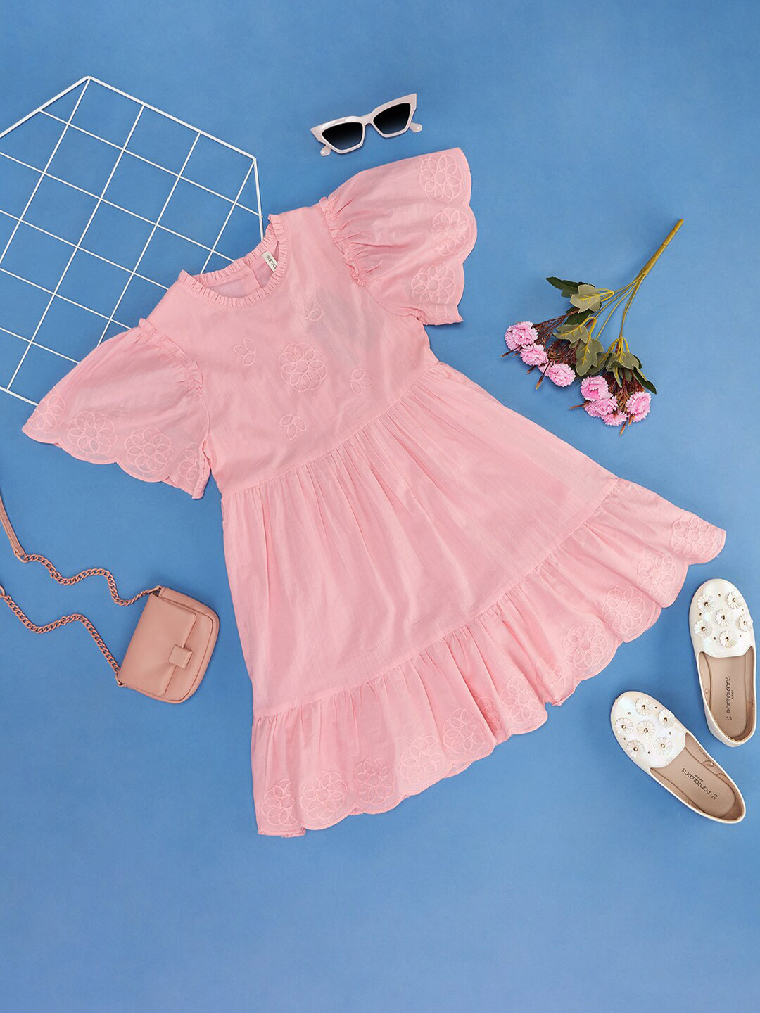 Pantaloons Junior Kids-Girls Floral Embroidered Cotton Fit and Flare Dress