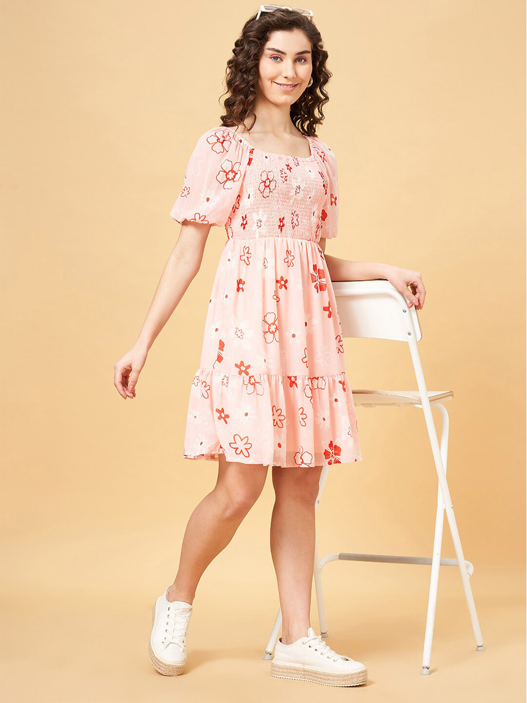 People Pink Square Neck Puff Sleeve Floral Print Fit & Flare A-Line Dress