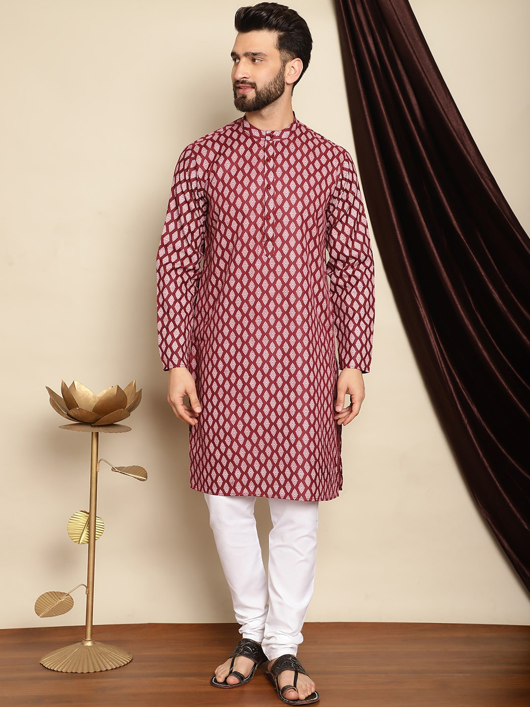 Anouk Maroon Bandhani Printed Mandarin Collar Straight Kurta With Churidar