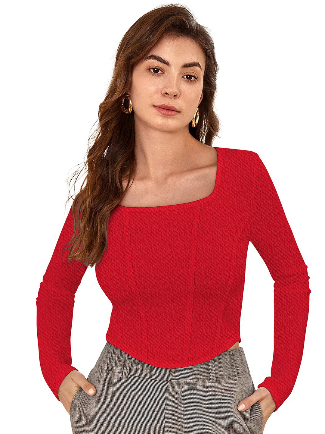SANJANA  SILK Square Neck Long Sleeves Opaque Fitted Crop Top