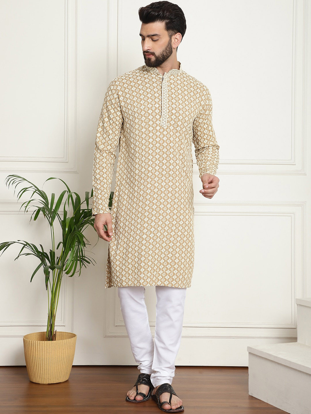 SOJANYA Floral Embroidered Mandarin Collar Long Sleeves Thread Work Pure Cotton Kurta Set