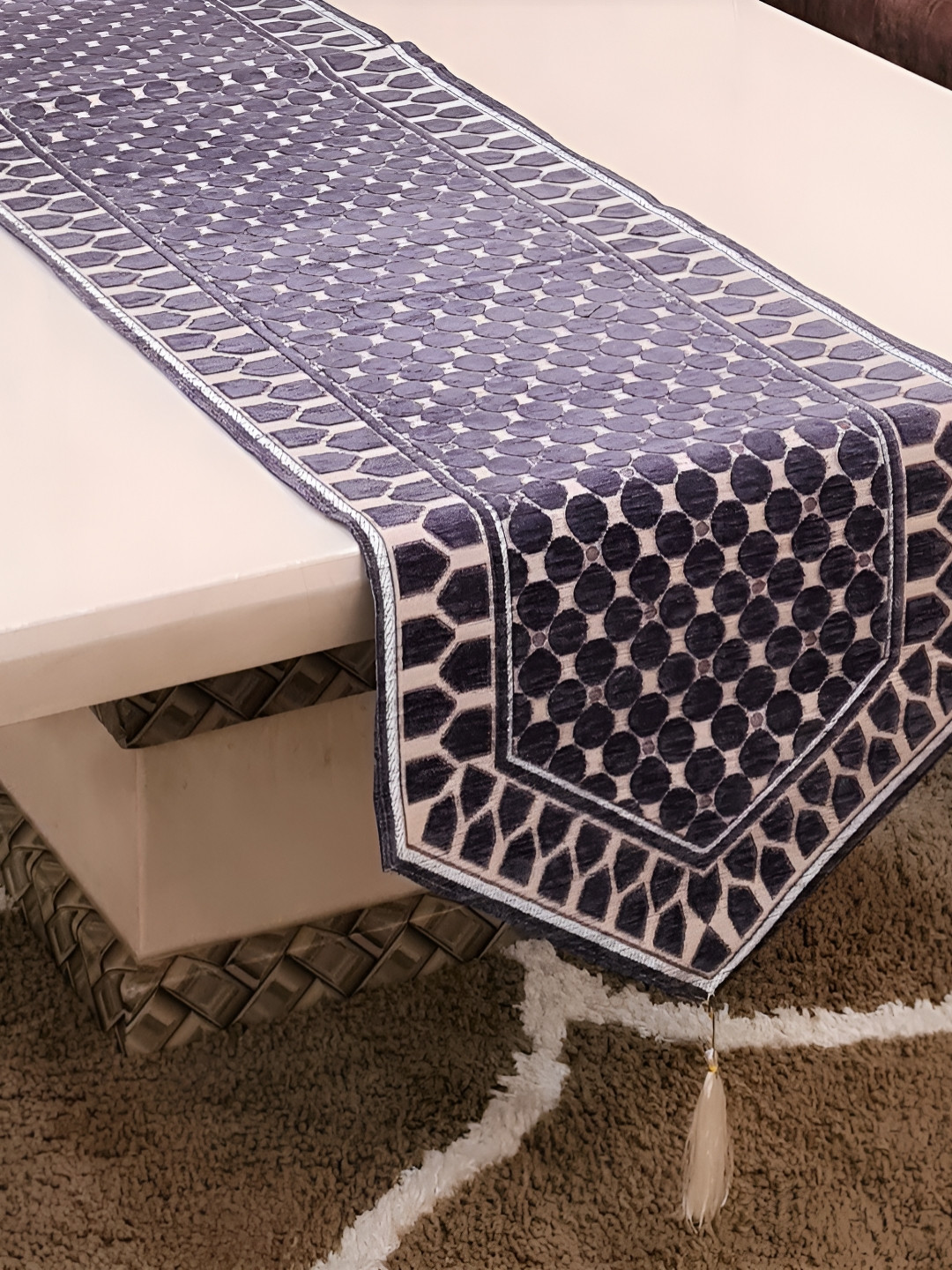 GROKI Grey & Violet Embroidered Dustproof Table Runner