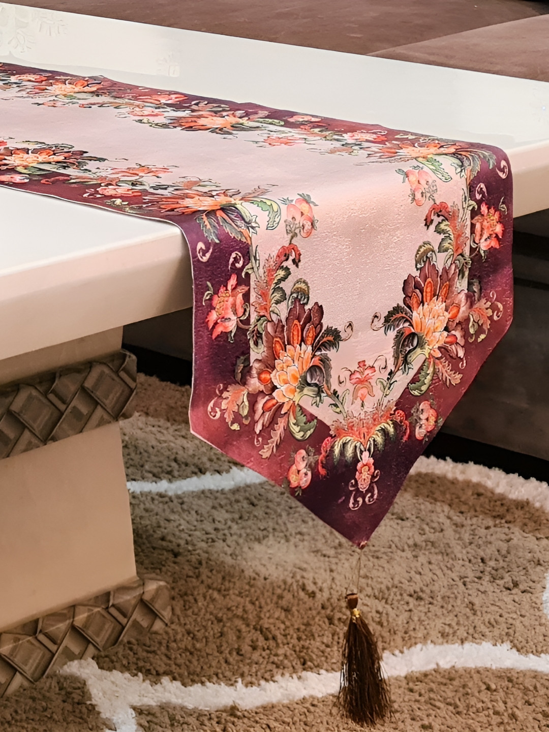 GROKI Pink & Brown Floral Printed Dust Proof Table Runners