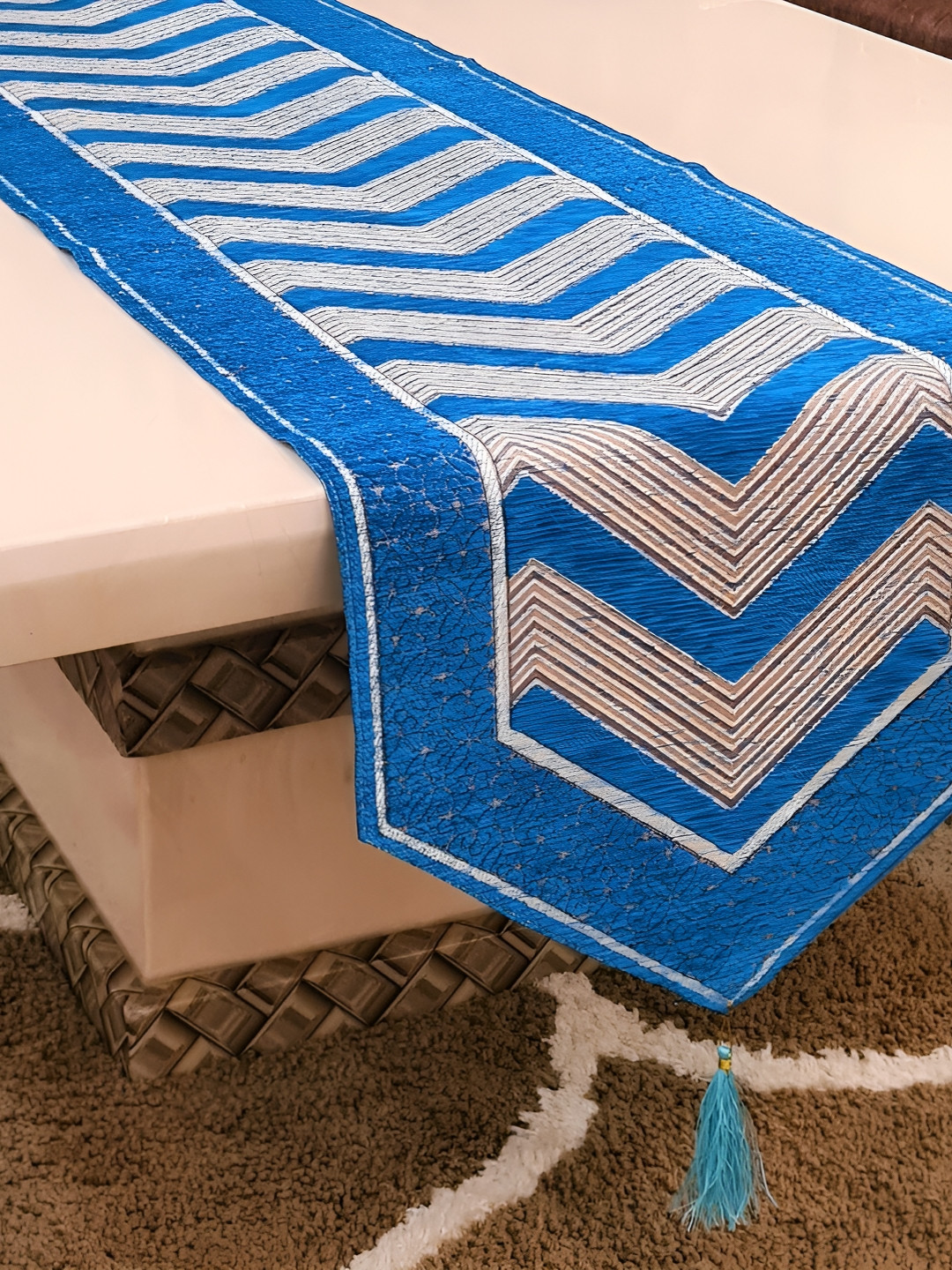 GROKI Blue Geometric Embroidered Dust Proof Table Runners