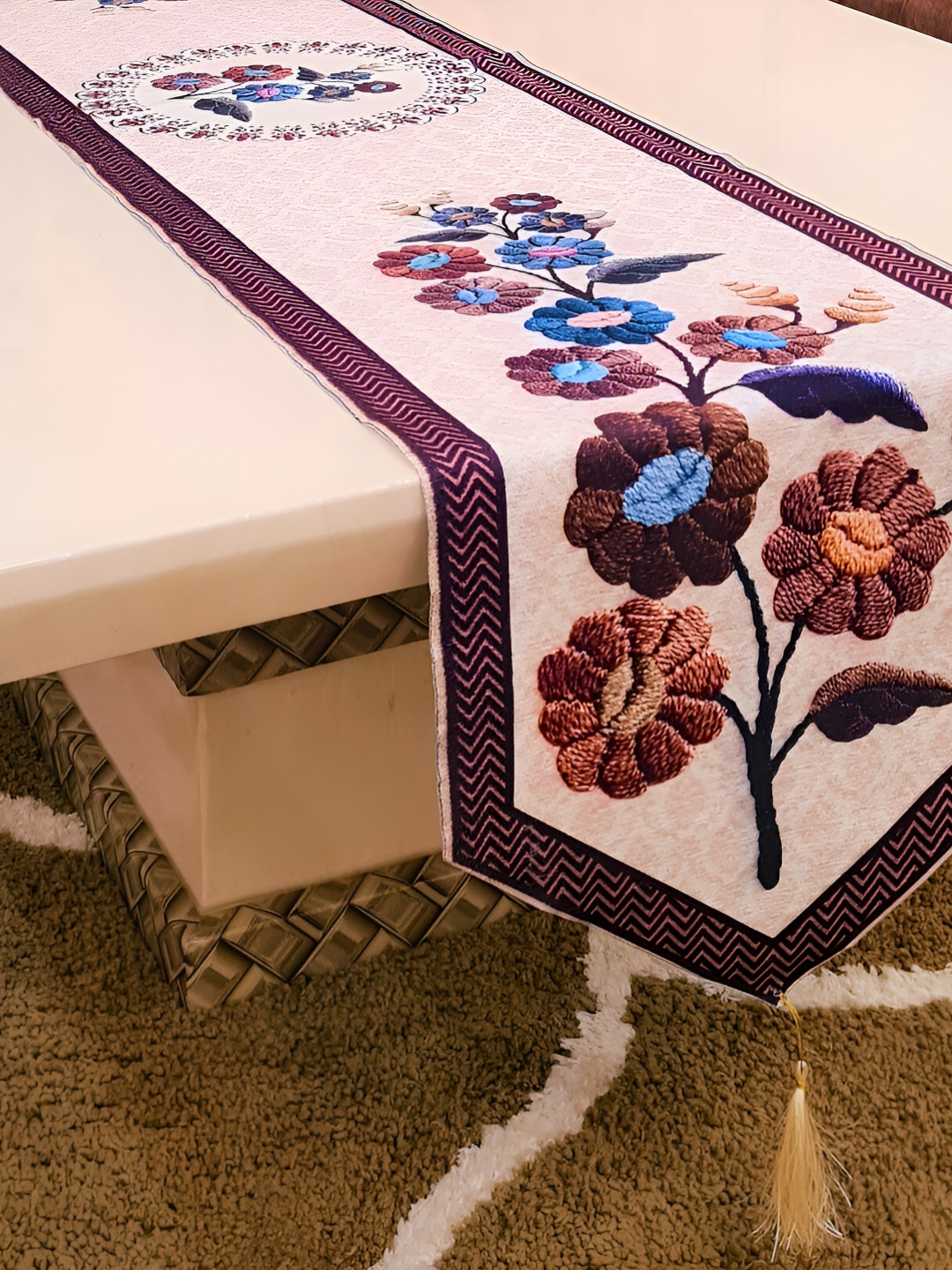 GROKI Brown & Purple Floral Printed Dust Proof Table Runners