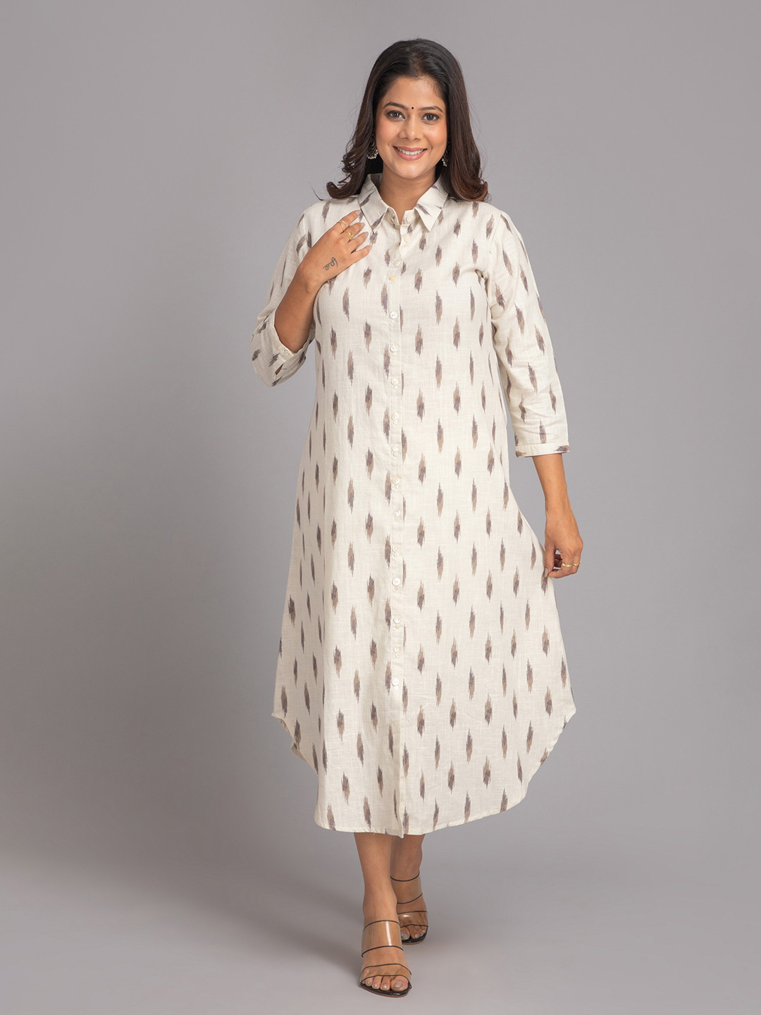 SUTI Abstract Printed Cotton Shirt Collar Curved A-Line Dress