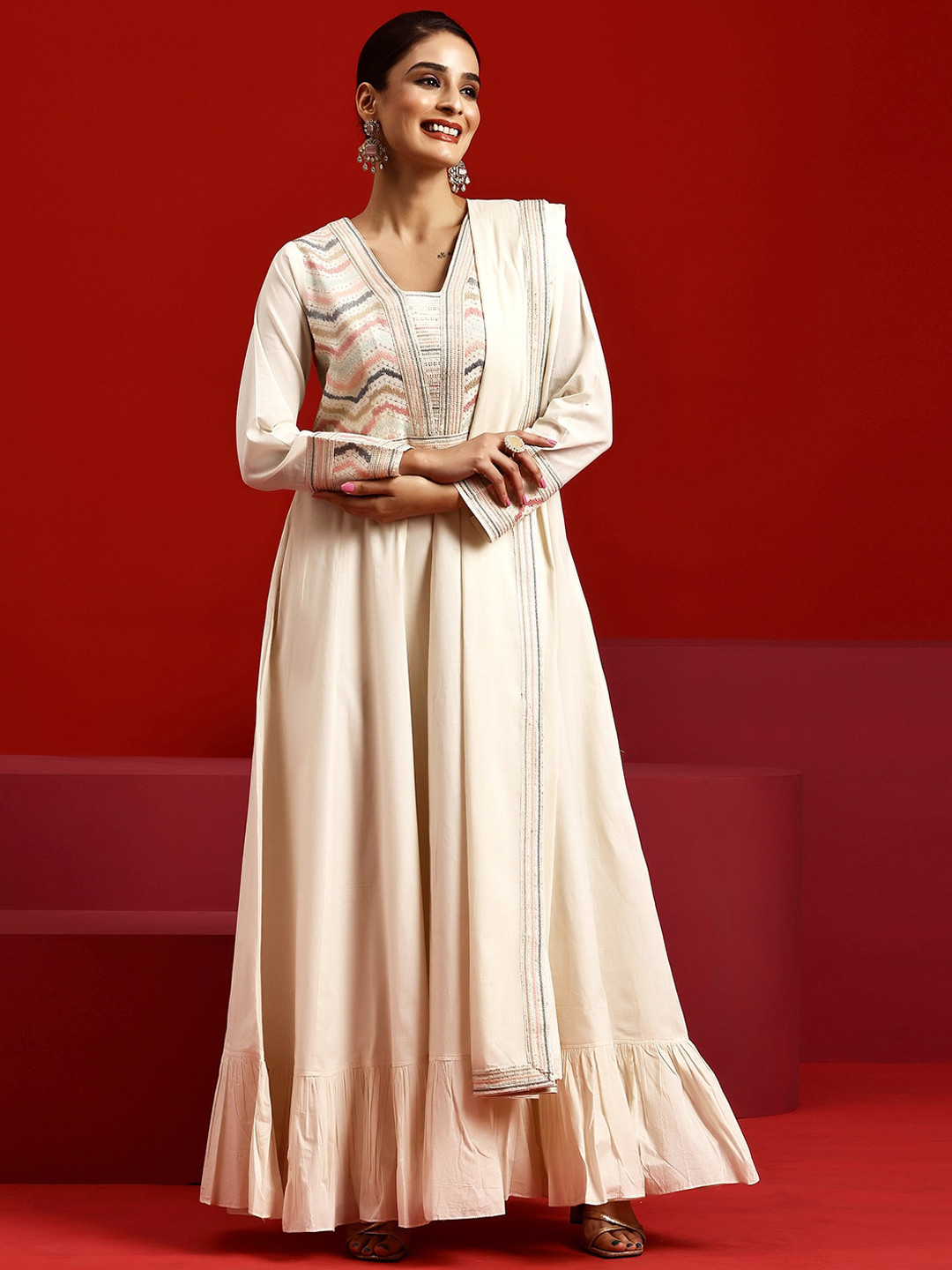 Libas Art Chevron Embroidered Sequinned Pure Cotton Kurta With Trousers & Dupatta
