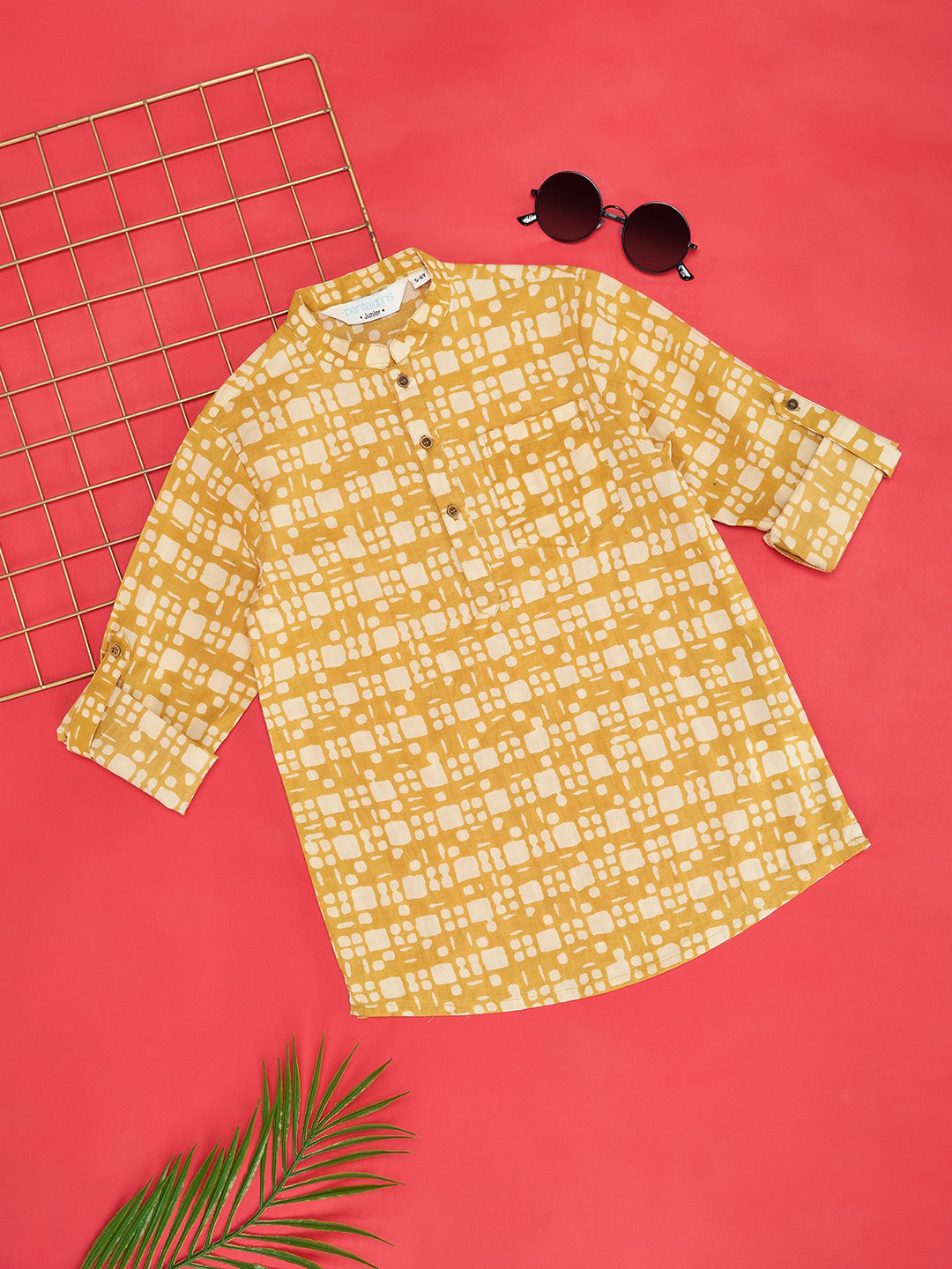 indus route by Pantaloons Boys Geometric Printed Roll-Up Sleeves Cotton Kurta