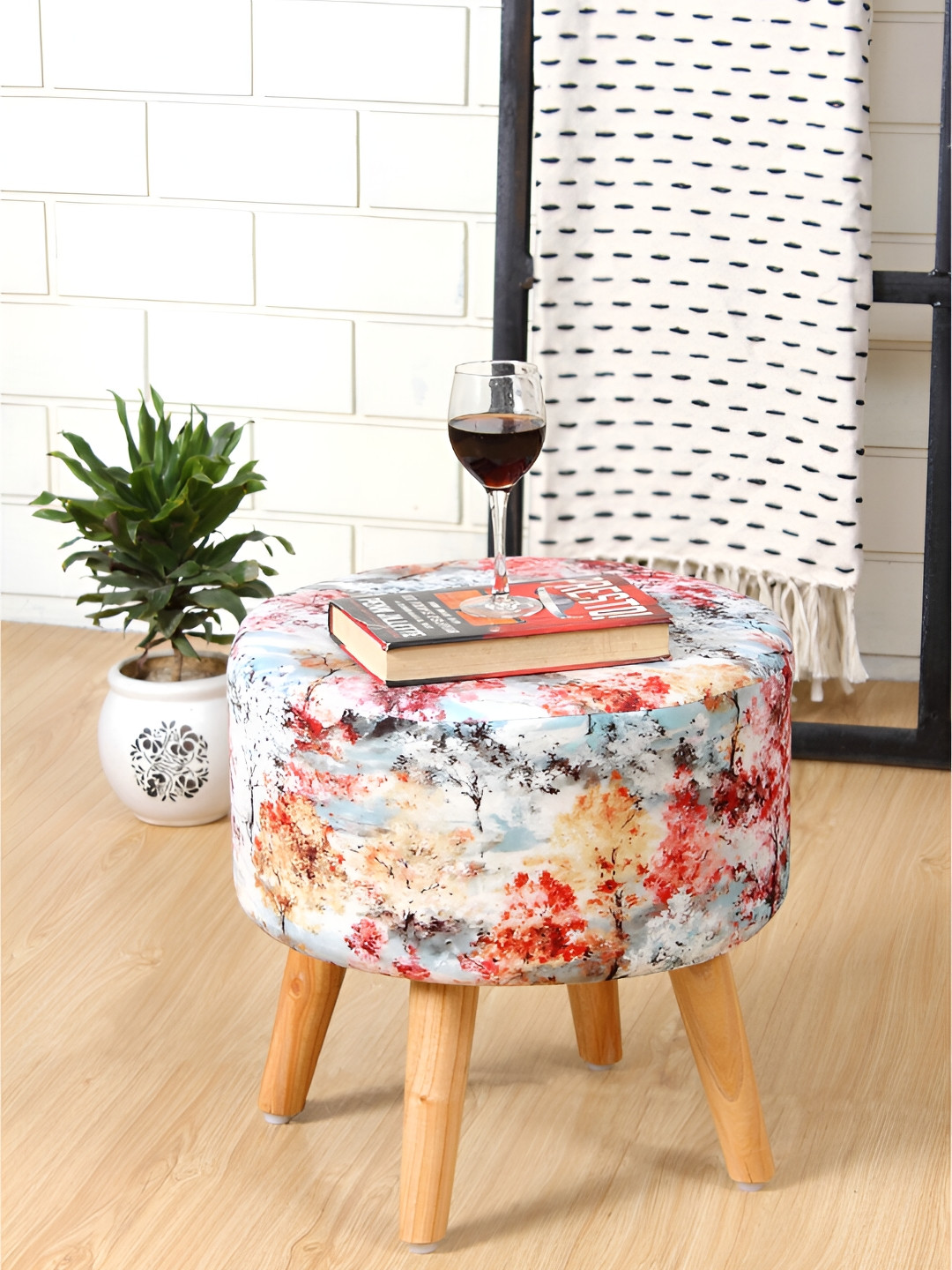 Shadowkart White & Red Pouffes Sitting Ottoman