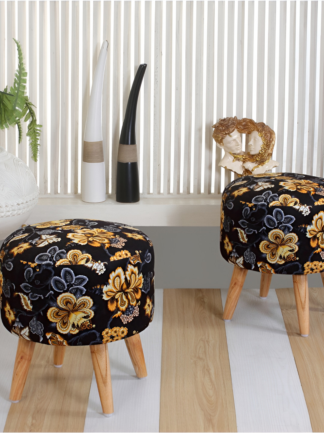 Shadowkart Black & Mustard Yellow Printed Pouffes Sitting Ottoman