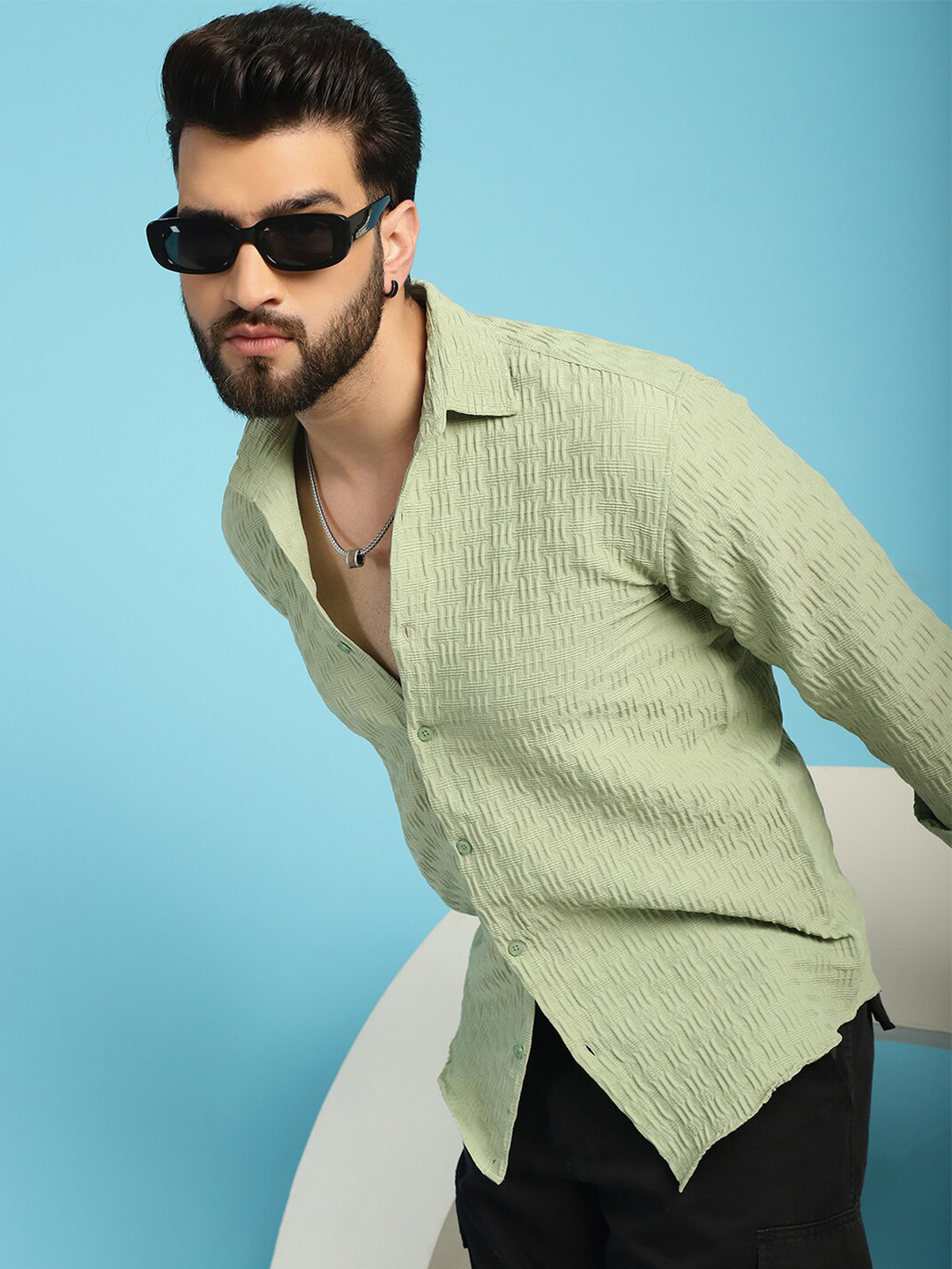 Indian Needle Spread Collar Self Design Classic Wrinkle Free Casual Shirt