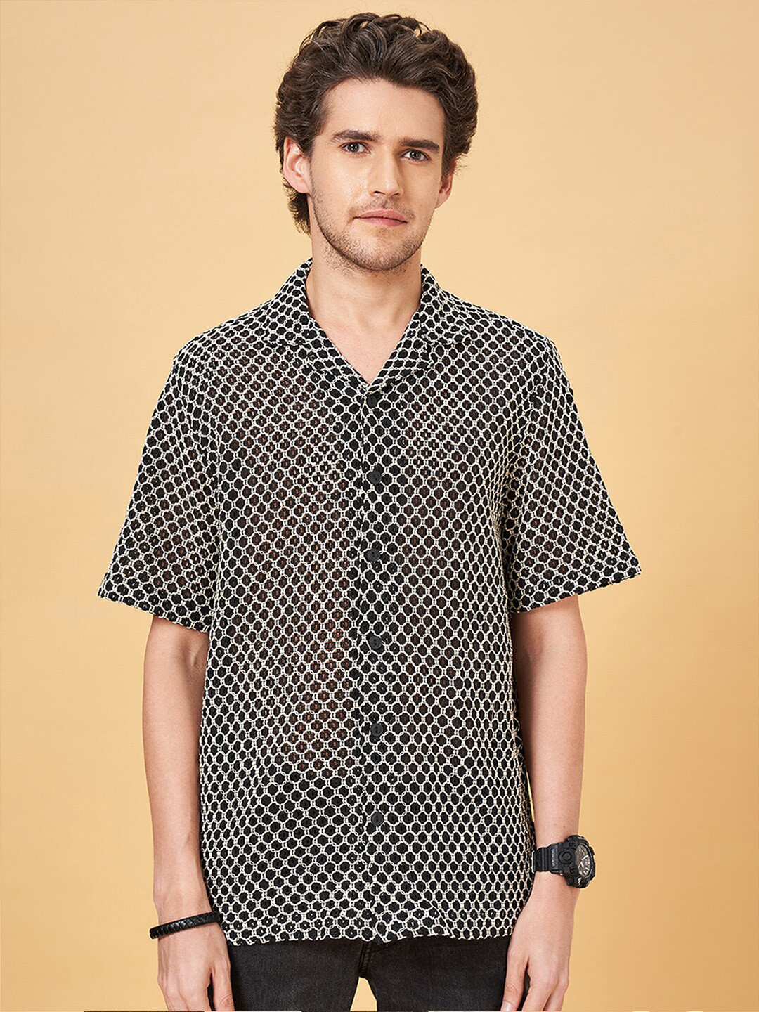 People Black Slim Fit Textured Cuban Collar Crochet Casual Shirt