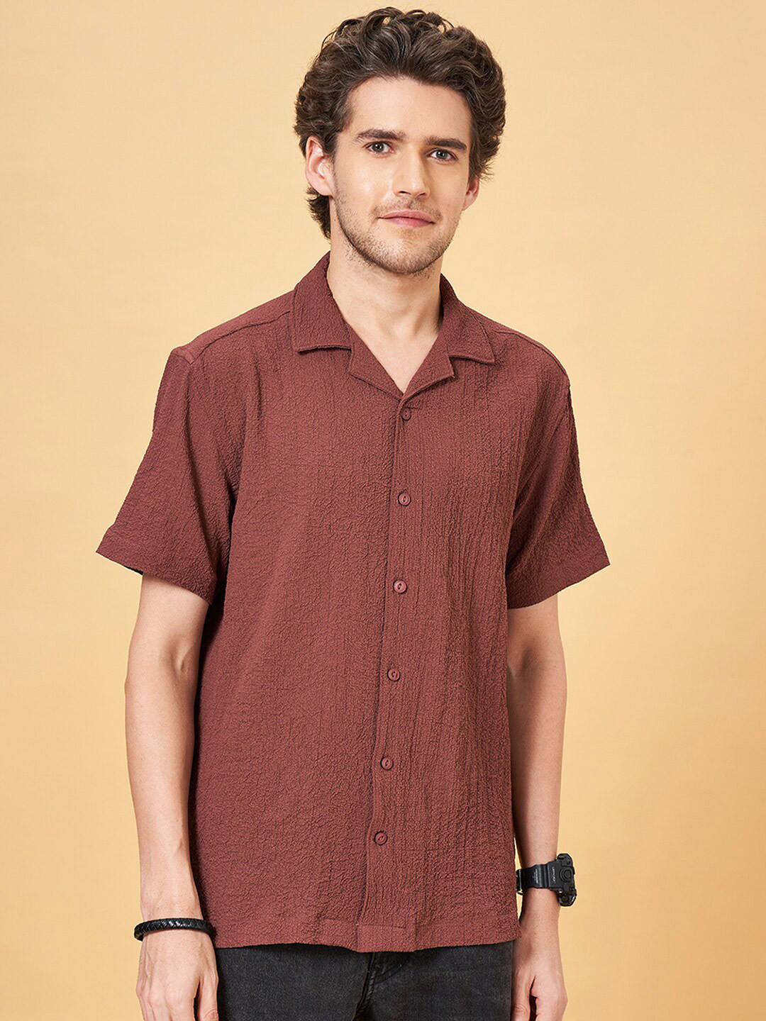 People Khaki Slim Fit Textured Cuban Collar Casual Shirt