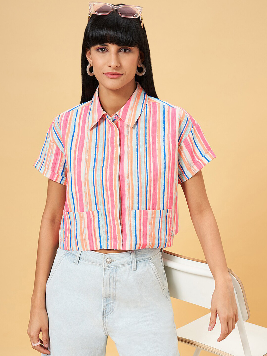 People Peach Coloured Boxy Multi Striped Casual Shirt
