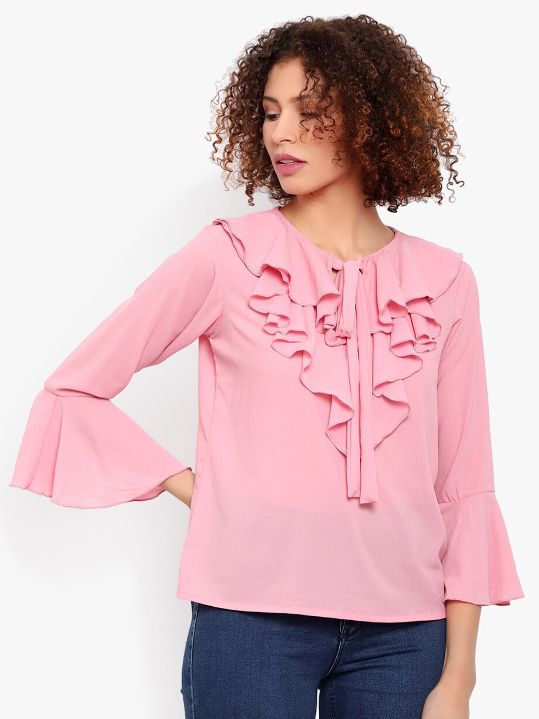 Indietoga Tie-Up Neck Bell Sleeve Ruffles Georgette Top
