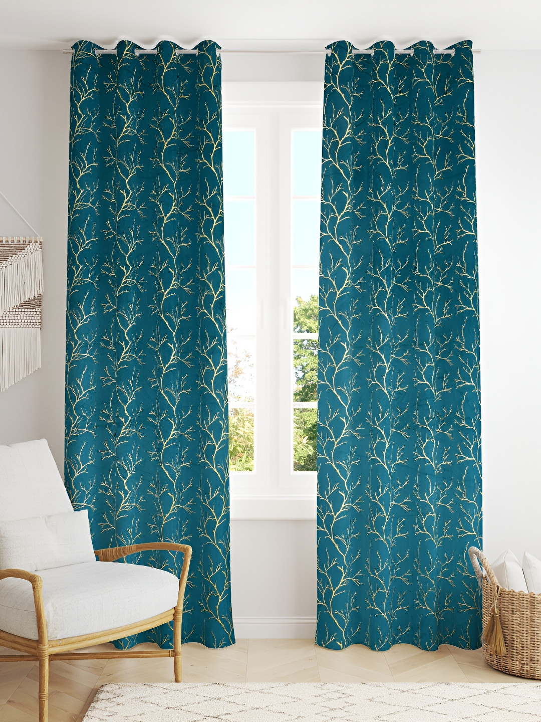 Aura Turquoise Blue & Gold Toned 2 Pcs Printed Velvet Floral Room Darkening Door Curtains