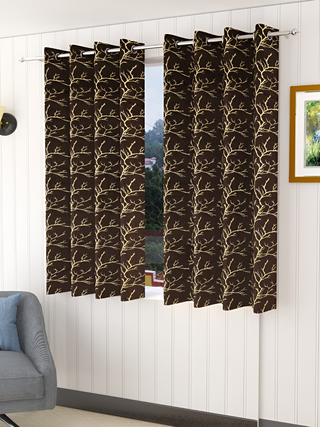Aura Coffee Brown & Gold Toned 2 Pcs Floral Printed Velvet Room Darkening Window Curtains