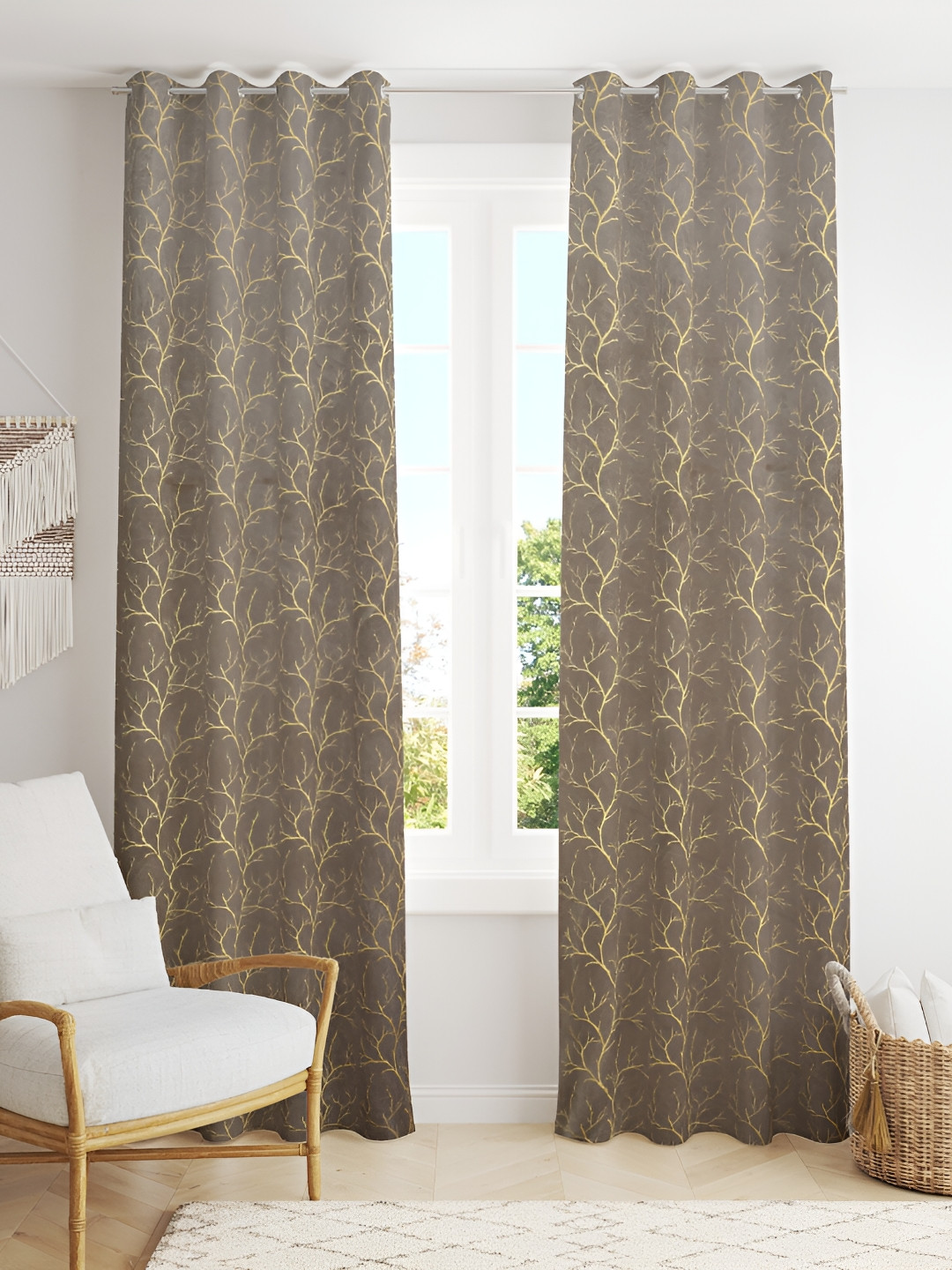 Aura Grey Melange & Gold Toned 2 Pieces Printed Velvet Room Darkening Long Door Curtains