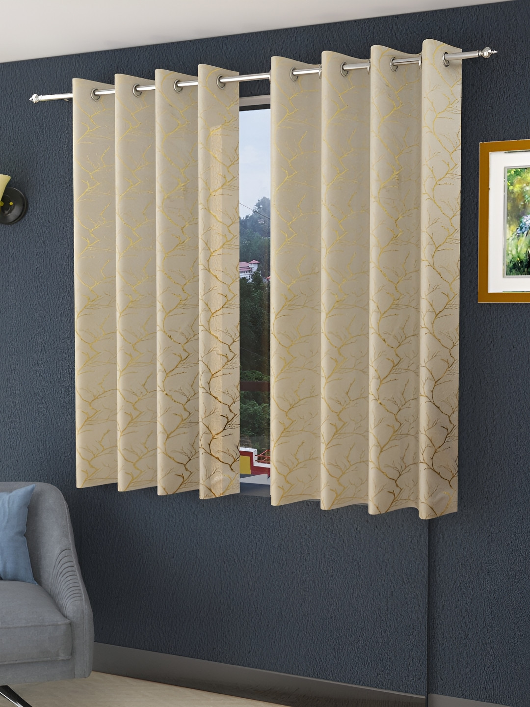 Aura Cream & Gold Toned 2 Pieces Printed Velvet Room Darkening Window Curtains