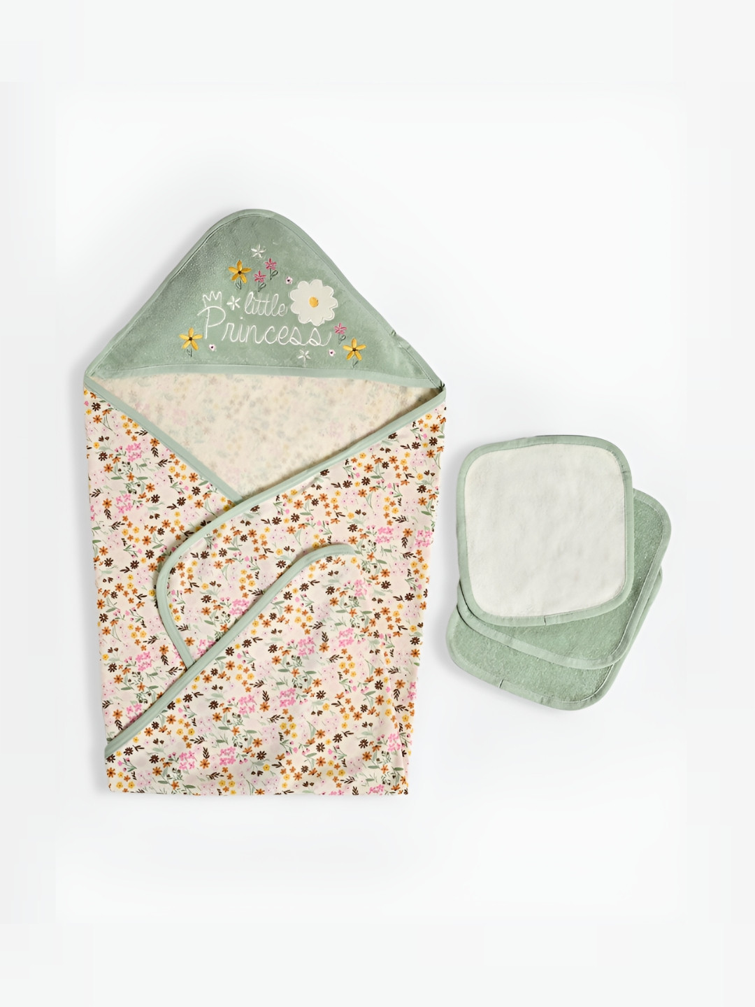 MiArcus Baby Girl Green & Beige Little Princess Towel with 4 Wash Clothes Set