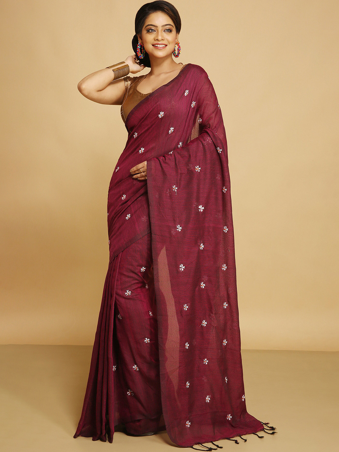BENGAL HANDLOOM Ethnic Motifs Woven Designed Taant Saree