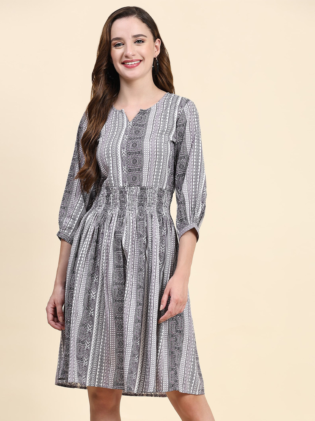 KERI PERRY Lining  Printed Designed Neck Cuff Sleeves Mini  Dress