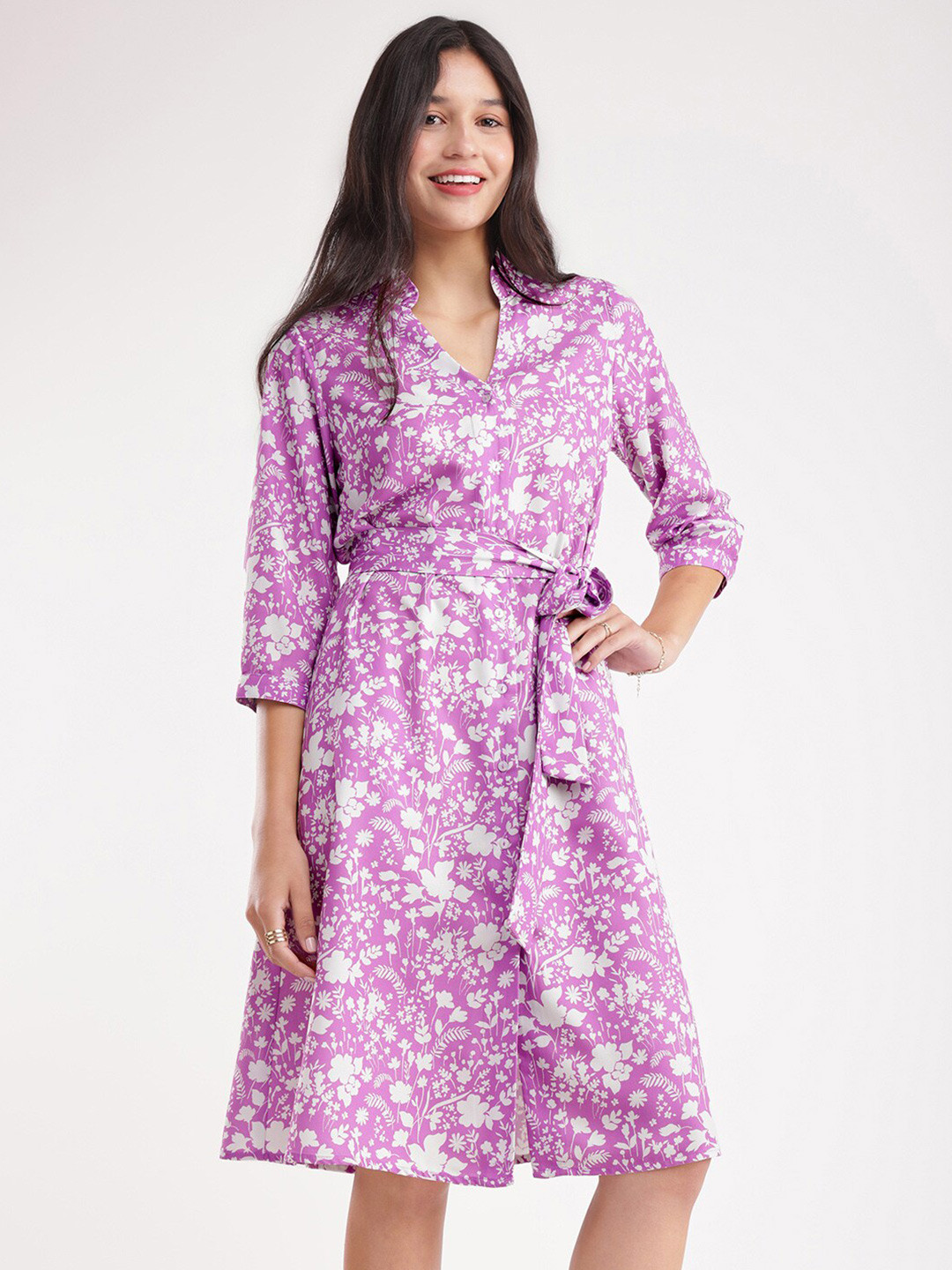 FableStreet Floral Print Shirt Collar Formal Midi Women Dress