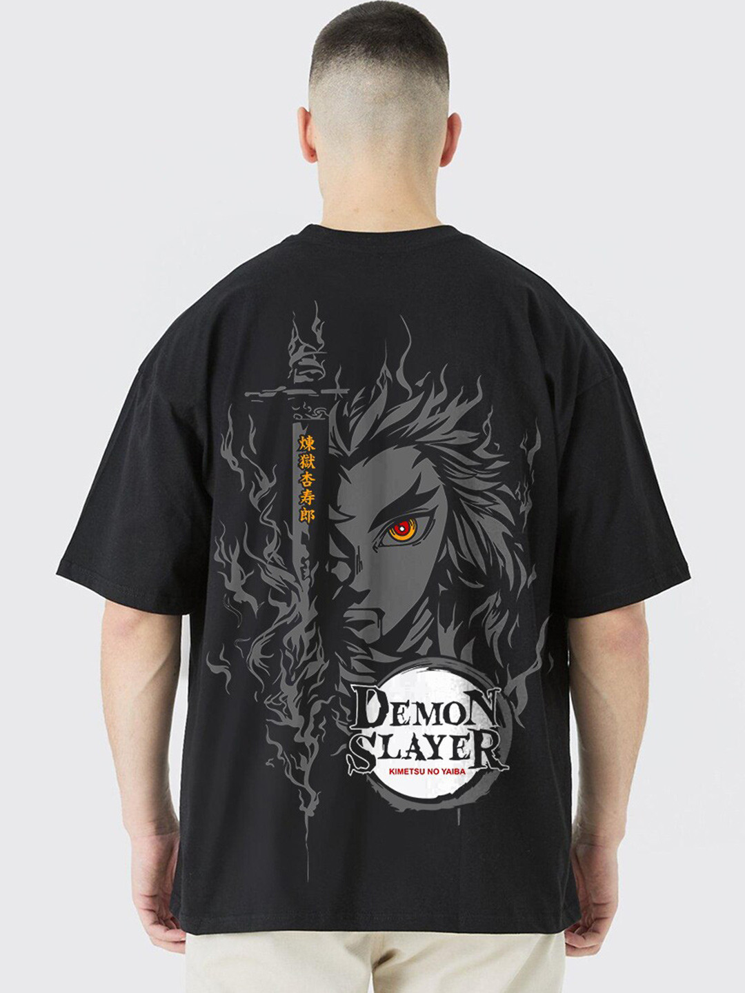 PRONK Rengoku Anime Printed Drop Shoulder Sleeves Cotton Oversized T-Shirt