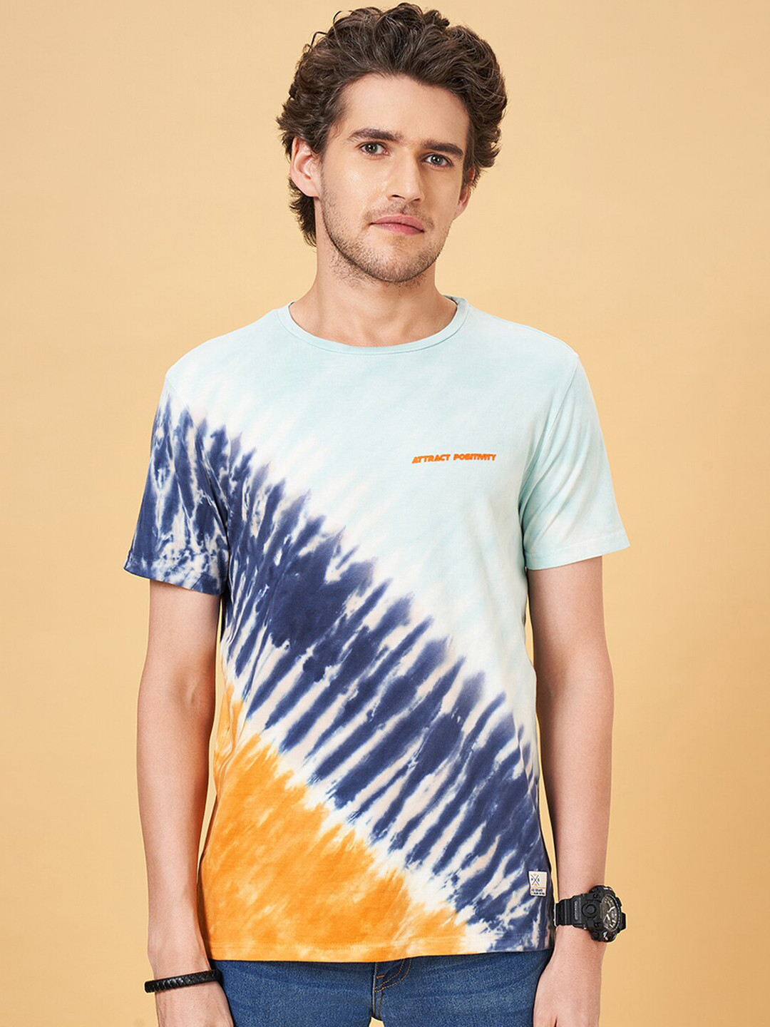 People Blue Tie & Dye Pure Cotton Slim Fit T-shirt