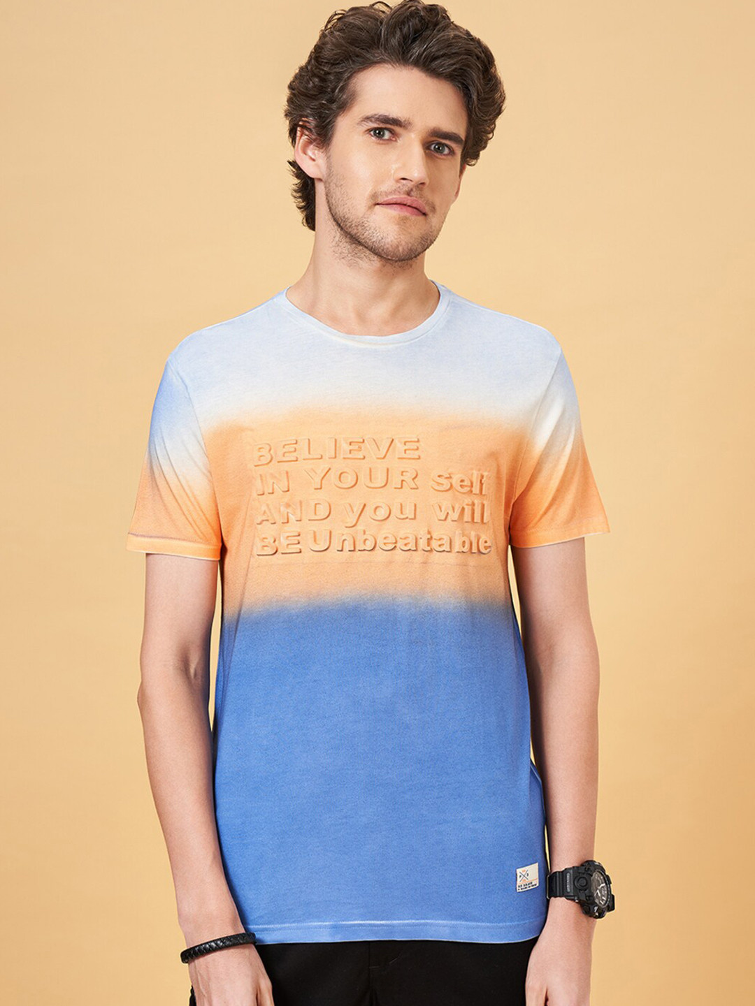 People Blue Tie & Dye Pure Cotton Slim Fit T-shirt