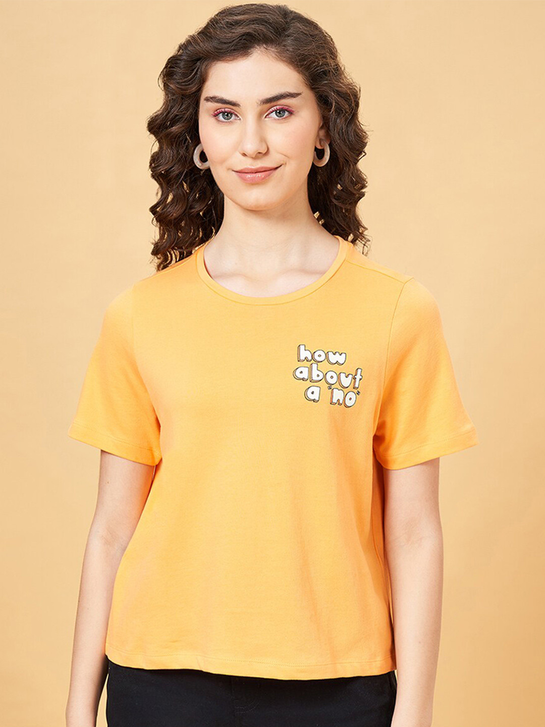 People Orange Typography Printed Cotton Relaxed Fit T-shirt