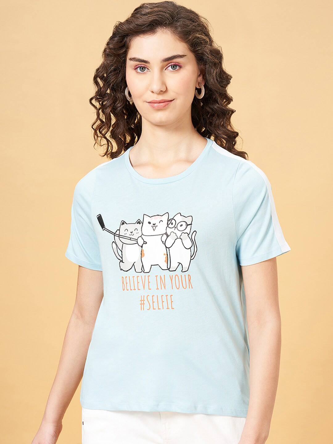 People Blue Typography Printed Cotton Relaxed Fit T-shirt
