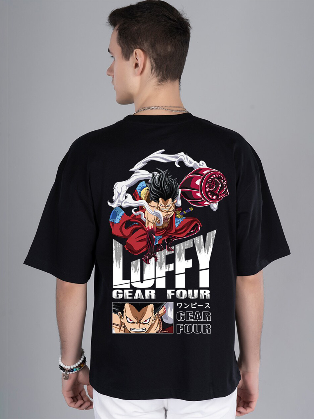 PRONK Luffy Gear Four Graphic Printed Drop-Shoulder Sleeves Oversized Pure Cotton T-shirt
