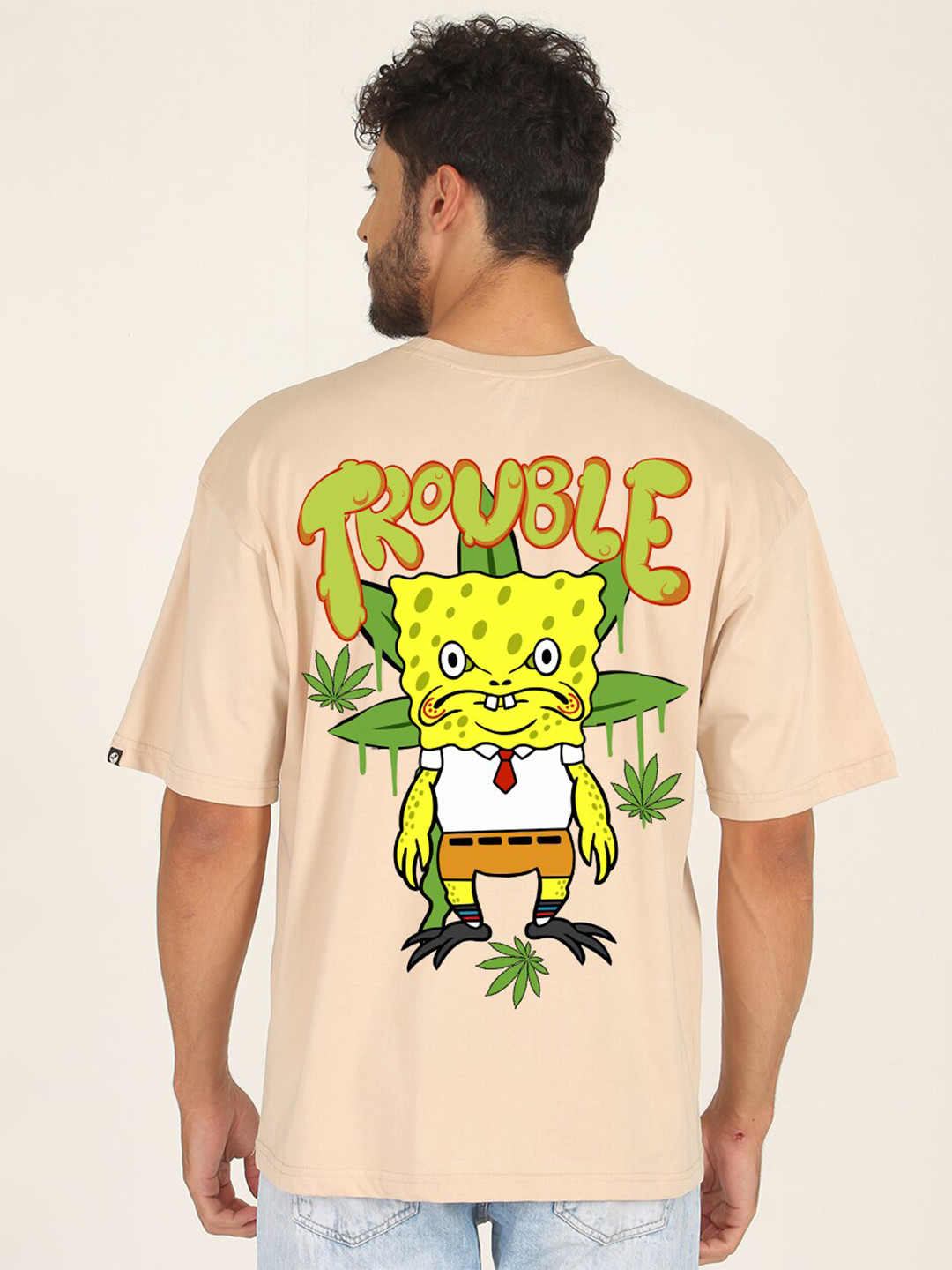 PRONK Sponge Bob Printed Drop Shoulder Sleeves Oversized Pure Cotton T-shirt