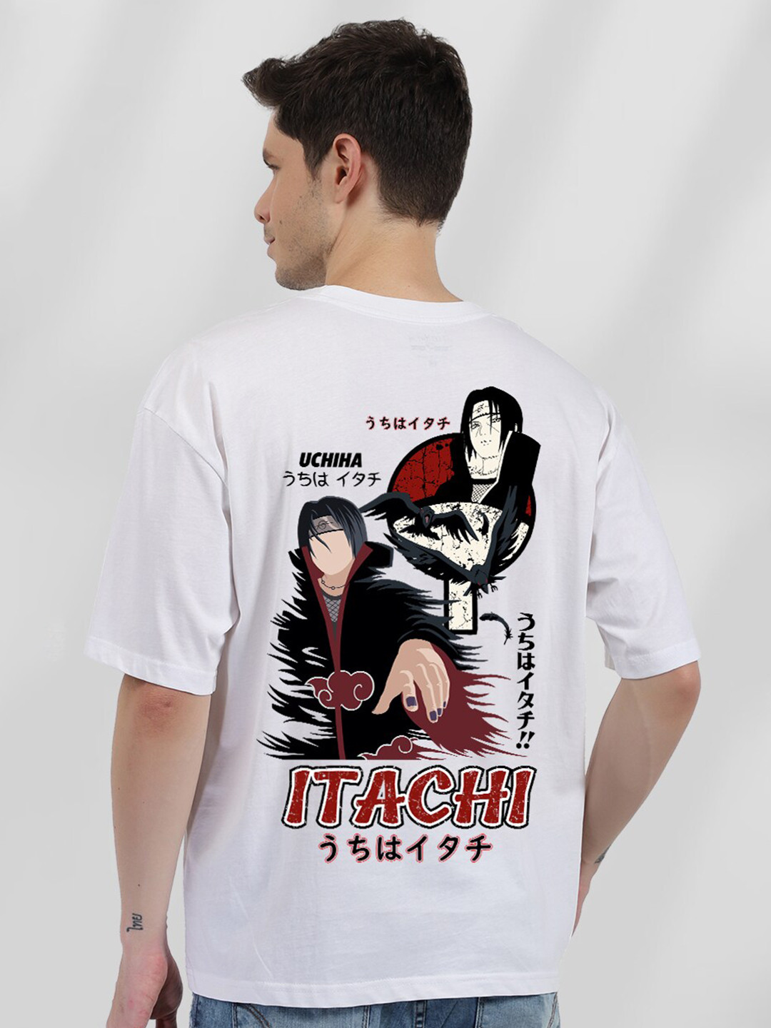 PRONK Uchiha Itachi Graphic Printed Drop-Shoulder Sleeves Oversized Pure Cotton T-shirt